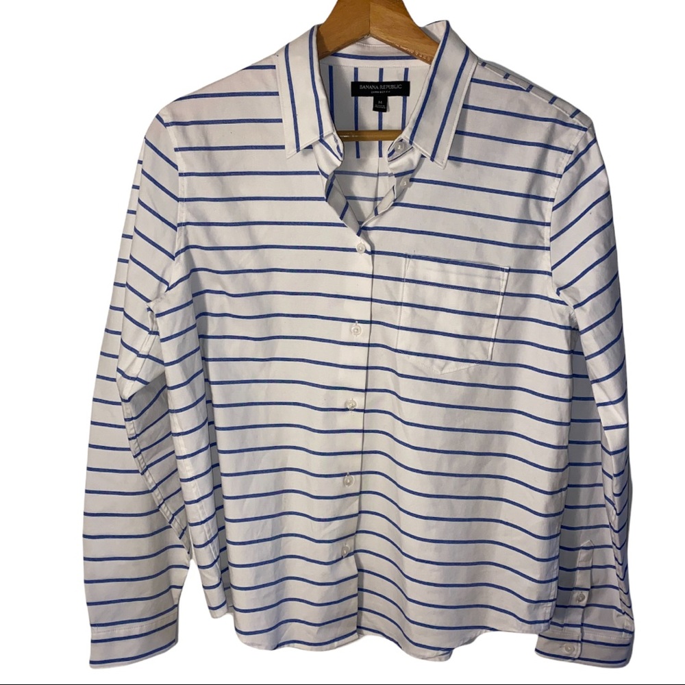 Banana Republic White Button-Down Shirt with Blue Stripes